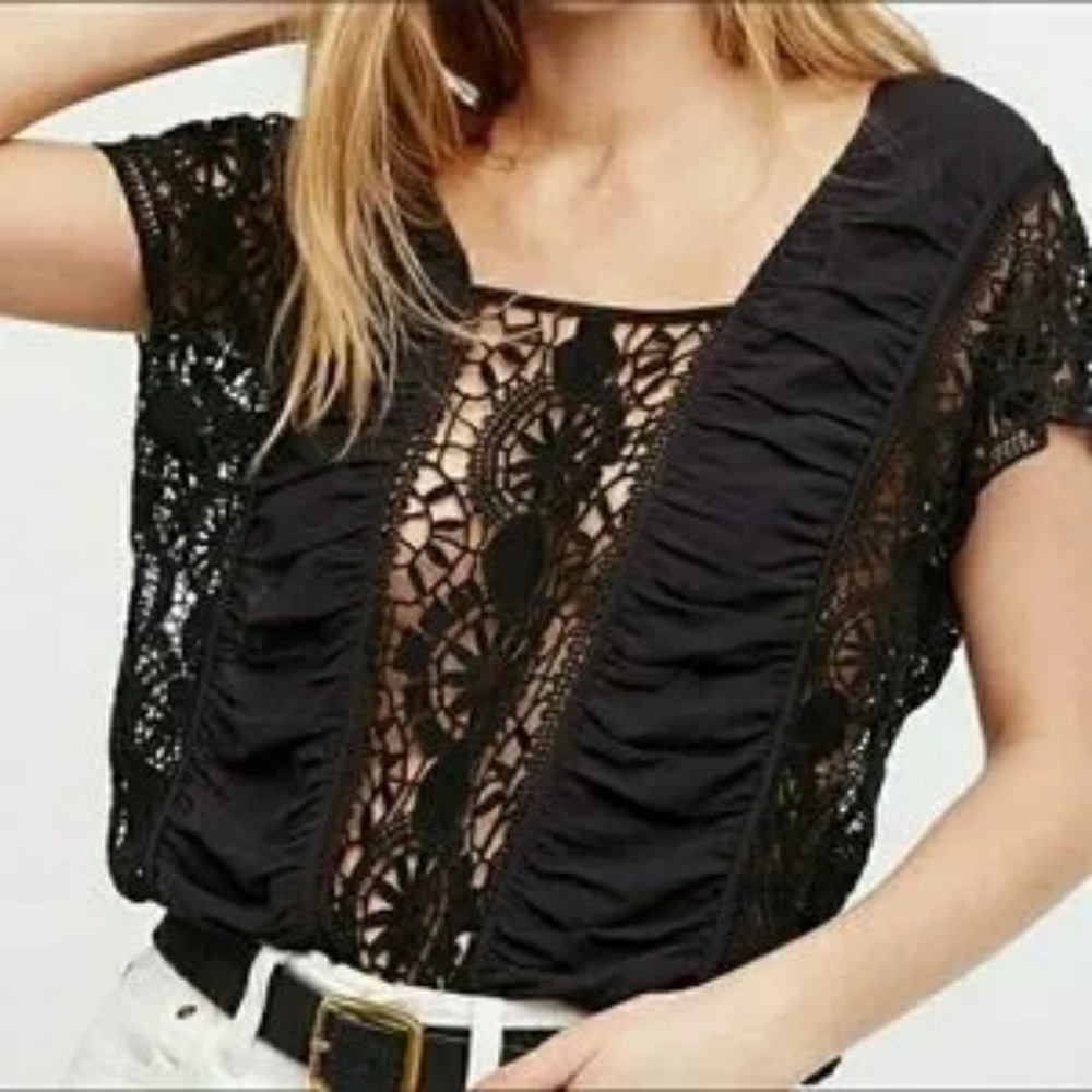 Free People Black Crochet Cropped Blouse